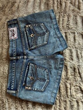 Women's Faded Blue Denim Jean Shorts with Embroidered Back Pockets